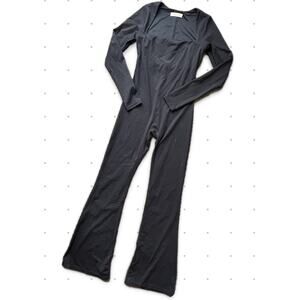 Black Stretch Square Neck Long Sleeve Flare Leg Jumpsuit Size Small